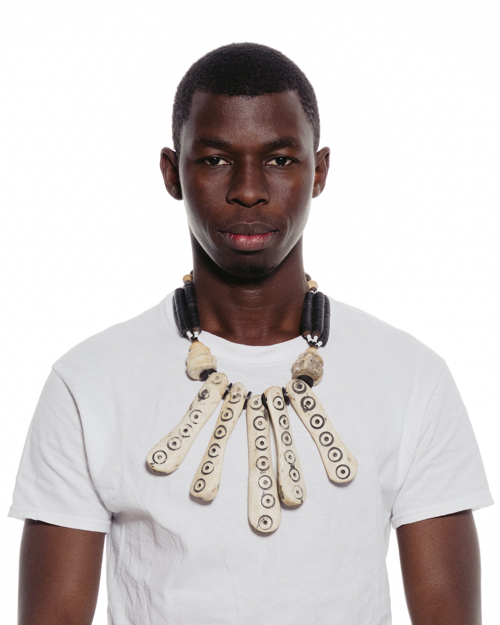 Antique bead necklace combining camel bone and African beads